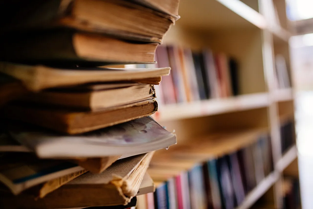 Closeup of old books in the library