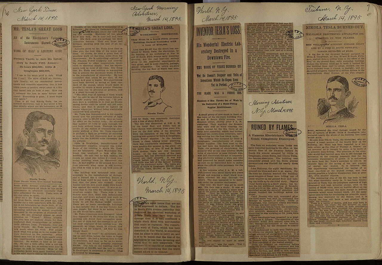 Pages from Tesla's album with newspaper clippings