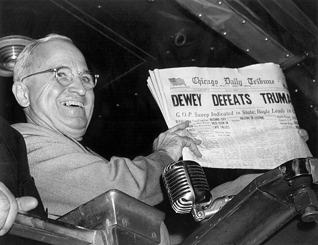 Harry S. Truman holding the Chicago Daily Tribune with the erroneous headline, " Dewey Defeats Truman ", at Union Station in St. Louis, Missouri, on November 4,